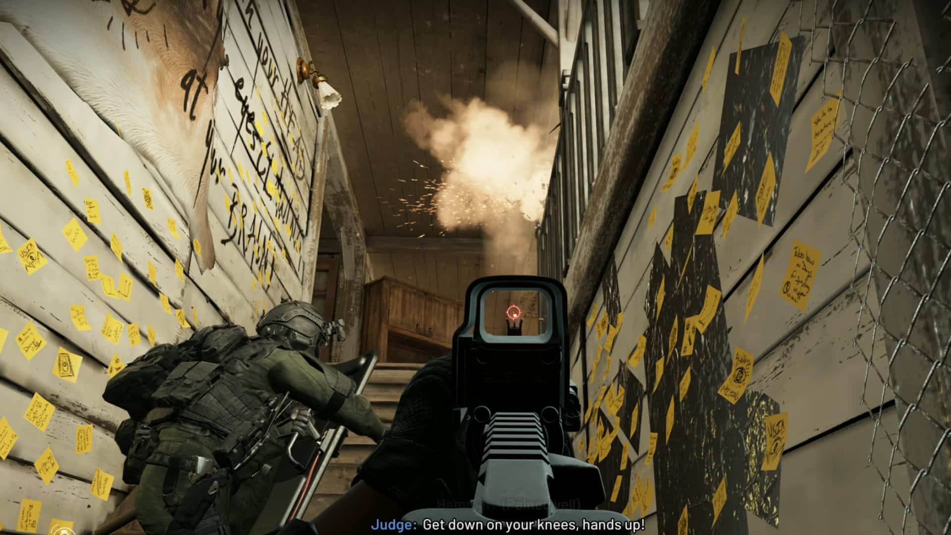 SWAT officer aims up a narrow stairwell as smoke erupts overhead in Ready or Not