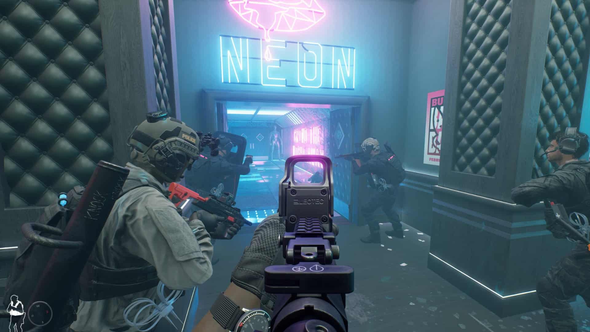 SWAT team aims weapons down a neon-lit hallway during a Ready or Not tactical raid