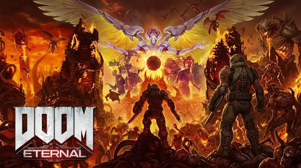DOOM Eternal artwork showing the Doom Slayer facing demons in a fiery battlefield with the game logo.