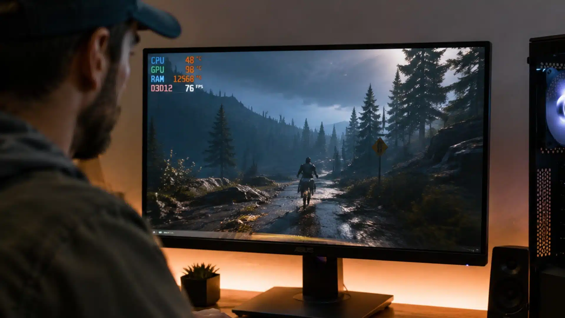 Gamer testing PC performance beside an RGB desktop with HAGS related frame metrics