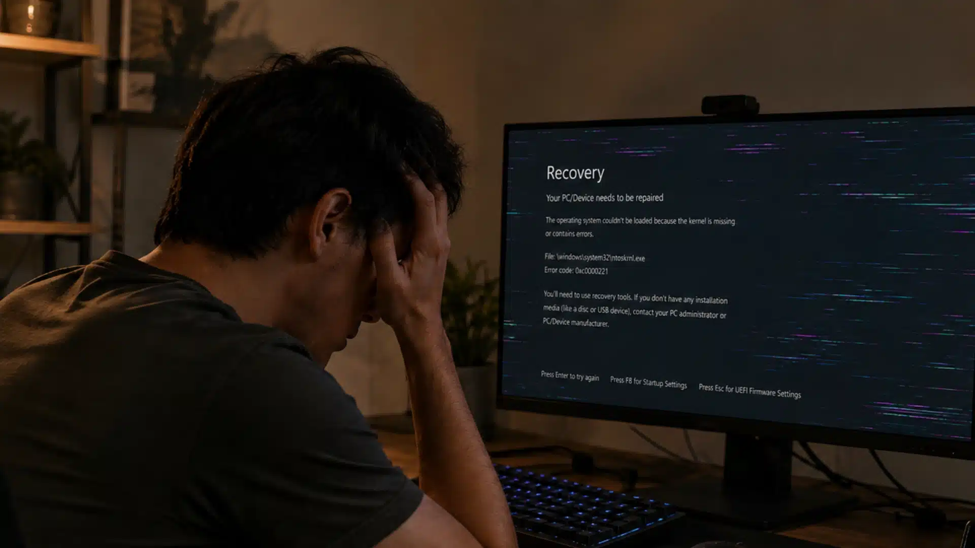 Man troubleshooting a glitching monitor beside a gaming PC with high GPU temperature