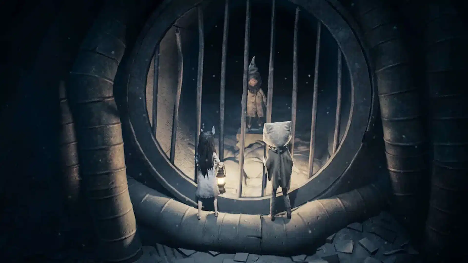 Two children face a barred tunnel as a masked figure waits silently in Reanimal