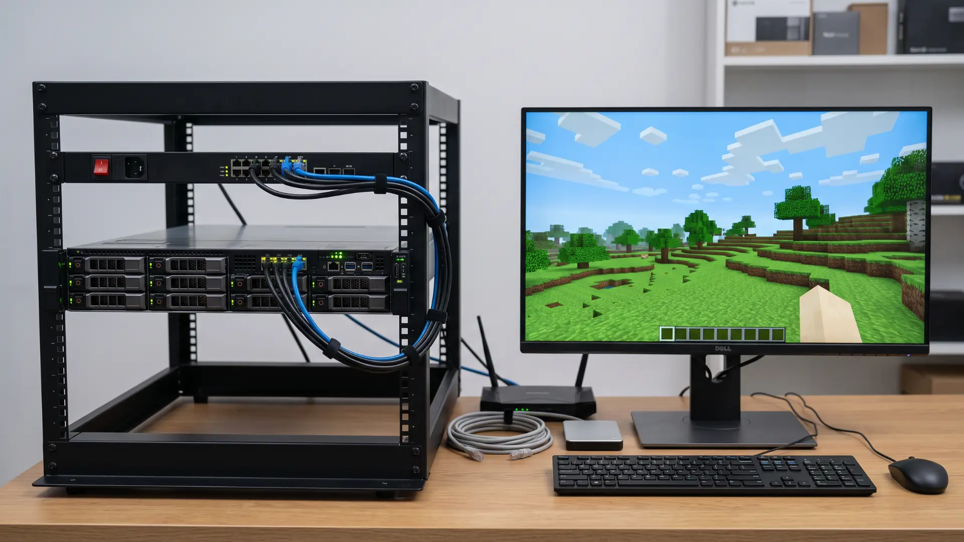 Game server hardware setup with a gaming display for hosted multiplayer servers.