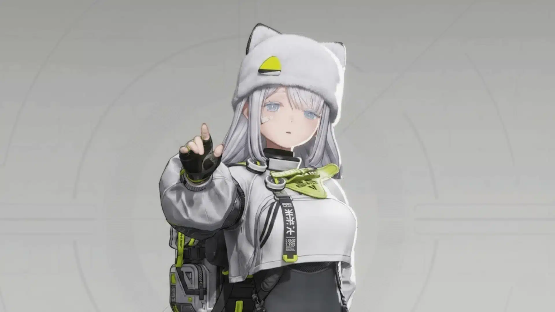 Anime character with white hair, fuzzy cat-ear hat, and high-tech white jacket pointing forward against a grey grid background.