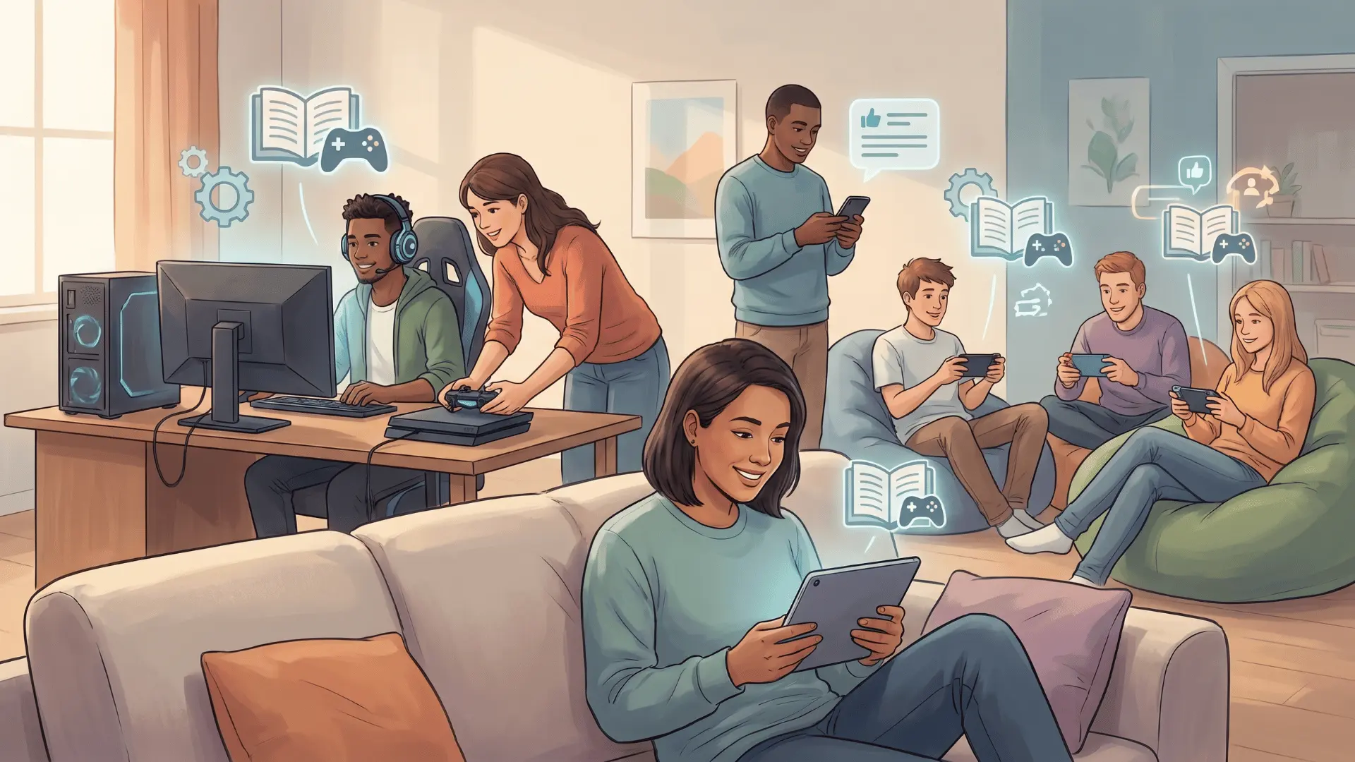 Casual gamers on PC, console, and mobile with icons for guides, reviews, and hardware, showing the platform’s audience.