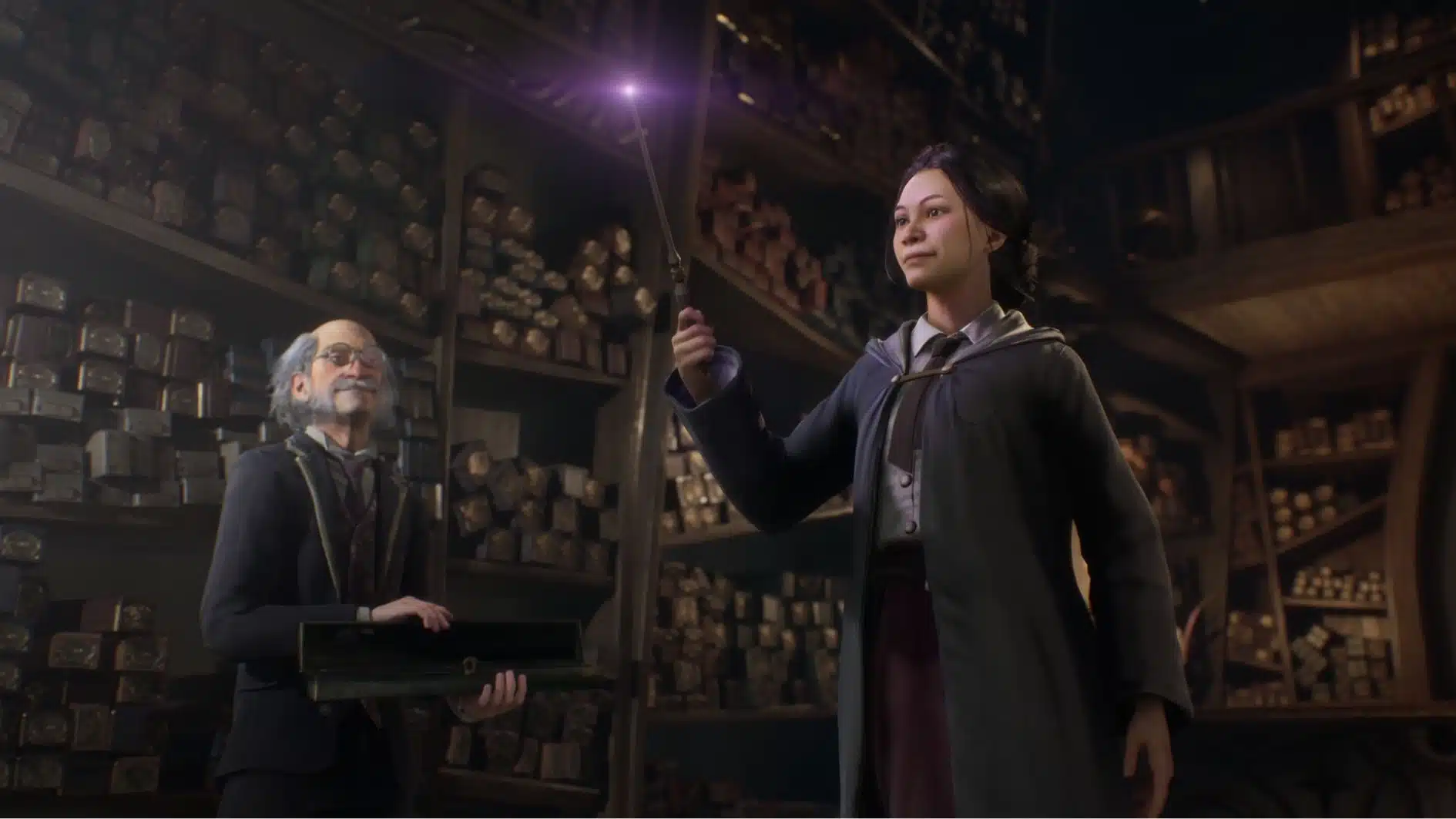 Hogwarts Legacy character creation scene inside a wand shop with a student holding a wand