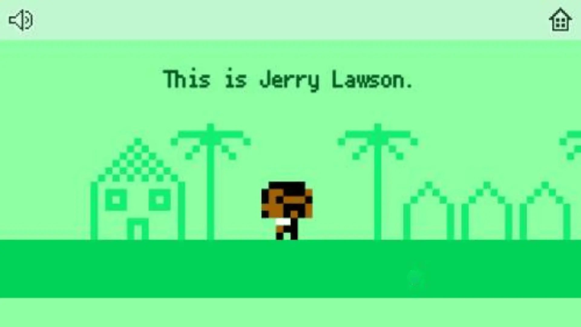 Pixel art scene showing Jerry Lawson character in a retro Google Doodle game.