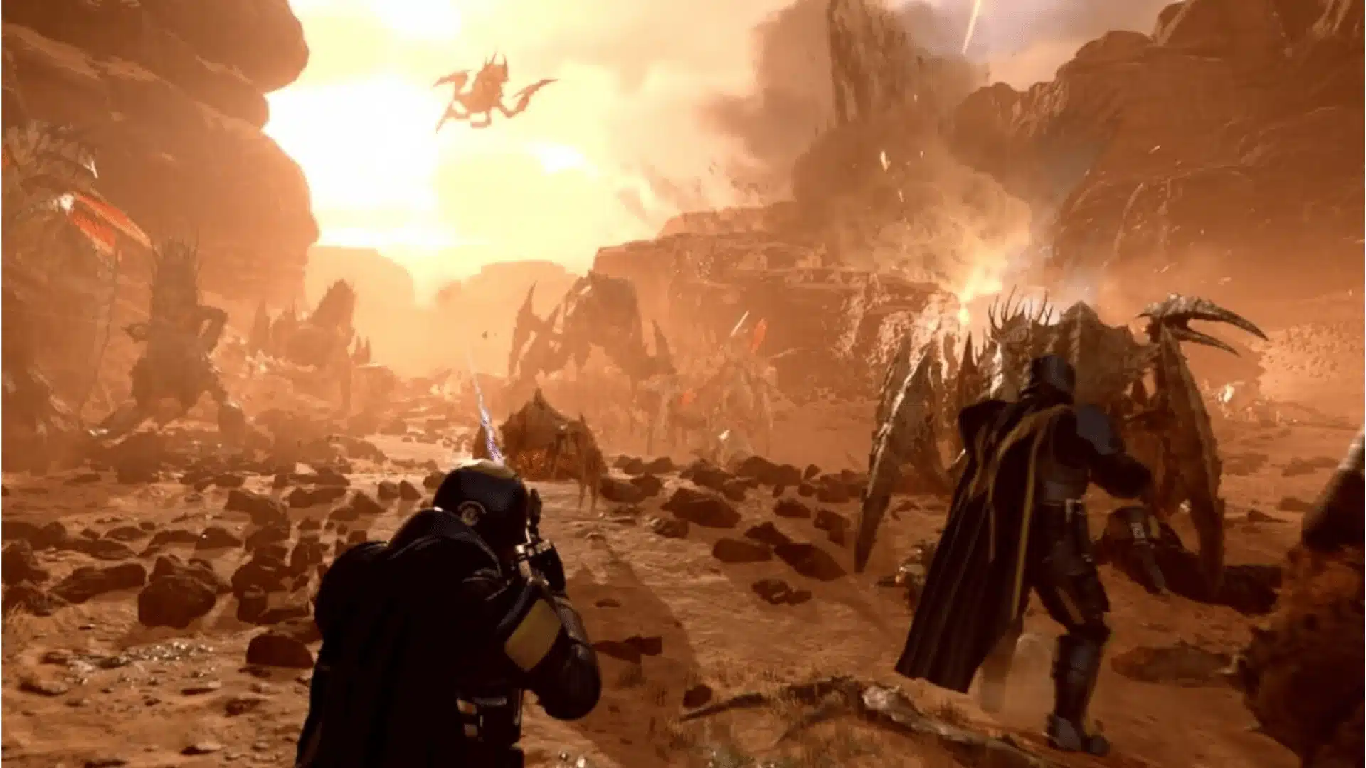 Helldivers 2 showing soldiers fighting giant insectoid bugs in a dusty desert canyon.