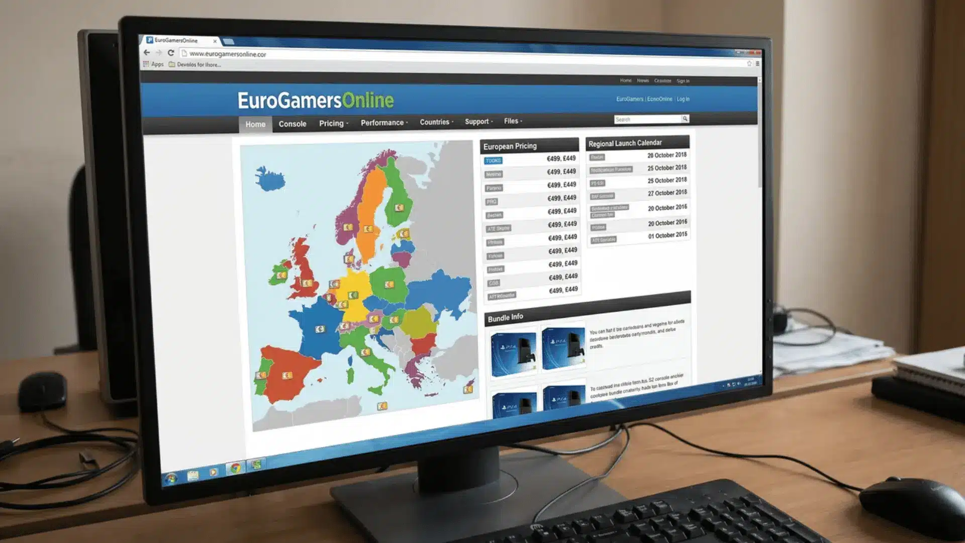 Desktop displaying EuroGamersOnline interface with European console pricing and regional launches