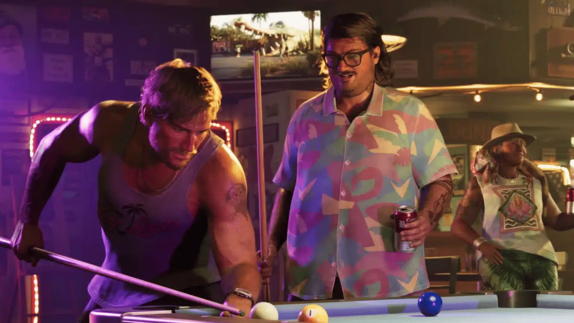 Two men play pool in a neon-lit bar as people watch, with a TV in the background showing an outdoor scene.