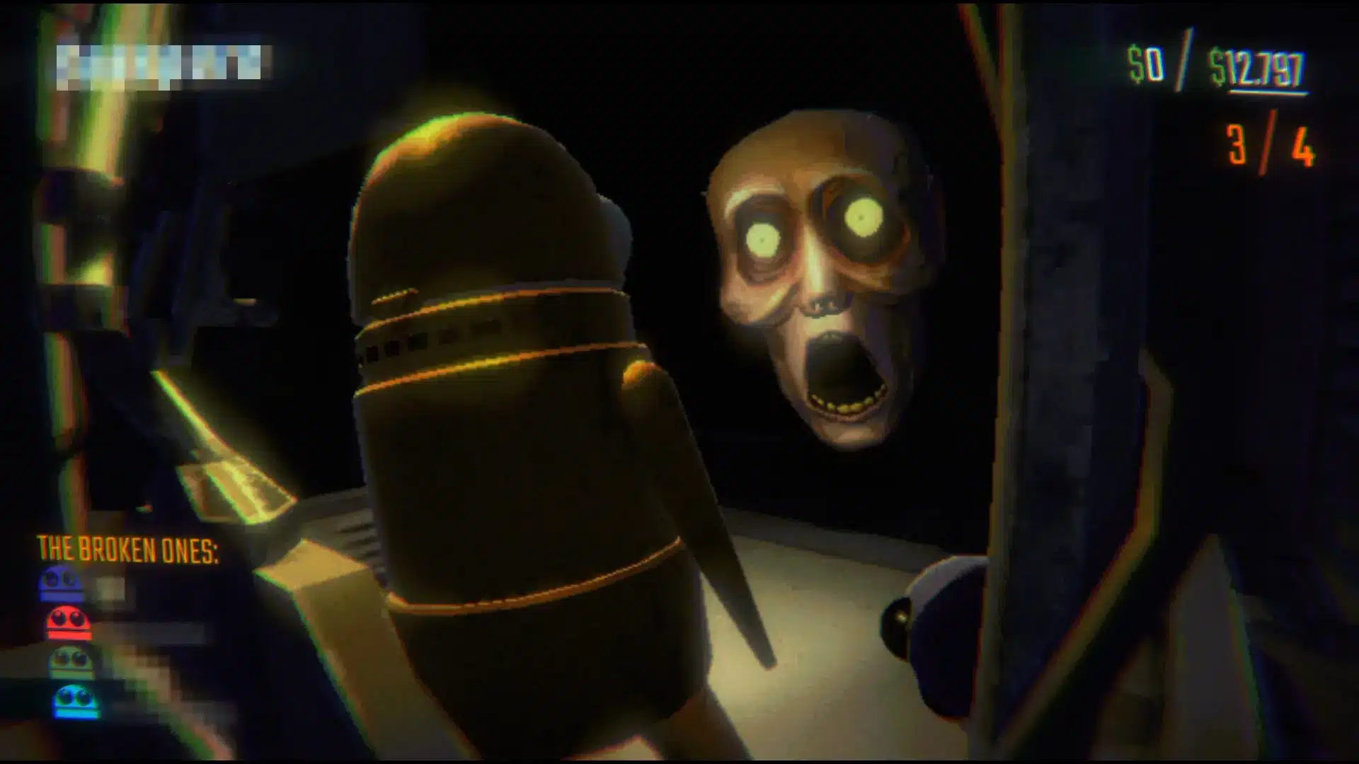 R.E.P.O. gameplay showing a player facing a glowing-eyed monster in a dark room