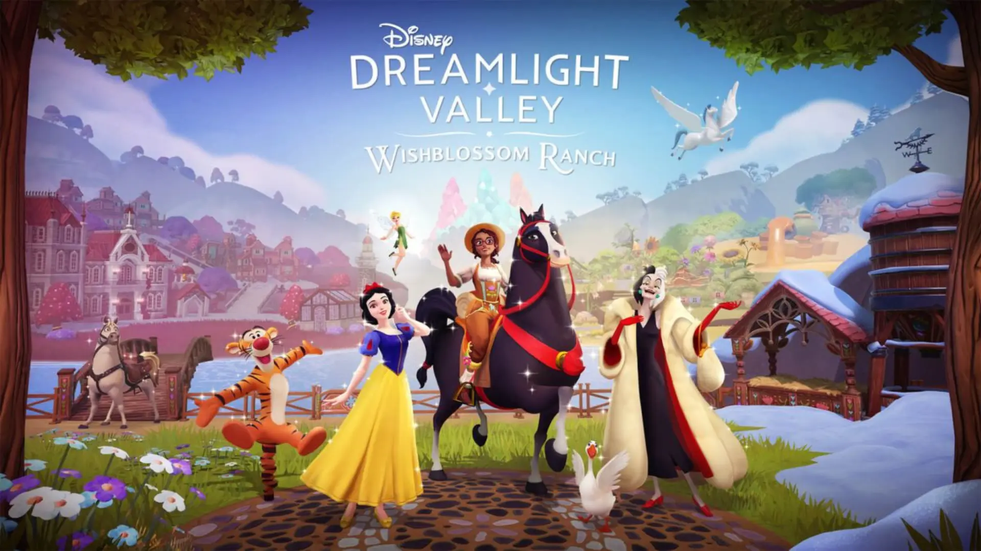 Disney Dreamlight Valley: Wishblossom Ranch artwork with Snow White, Tigger, Cruella, horses, and a rider.