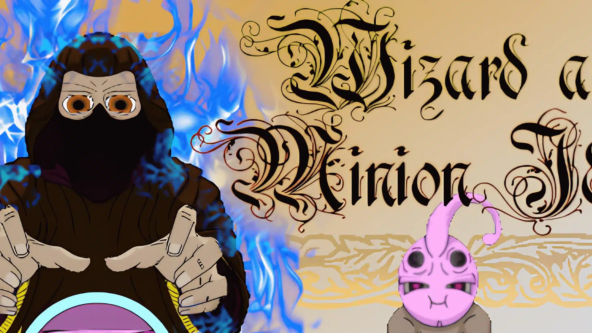 Wizard and Minion Idle game logo with stylized fantasy text, a blue magical character on the left, and a small purple creature at the bottom.