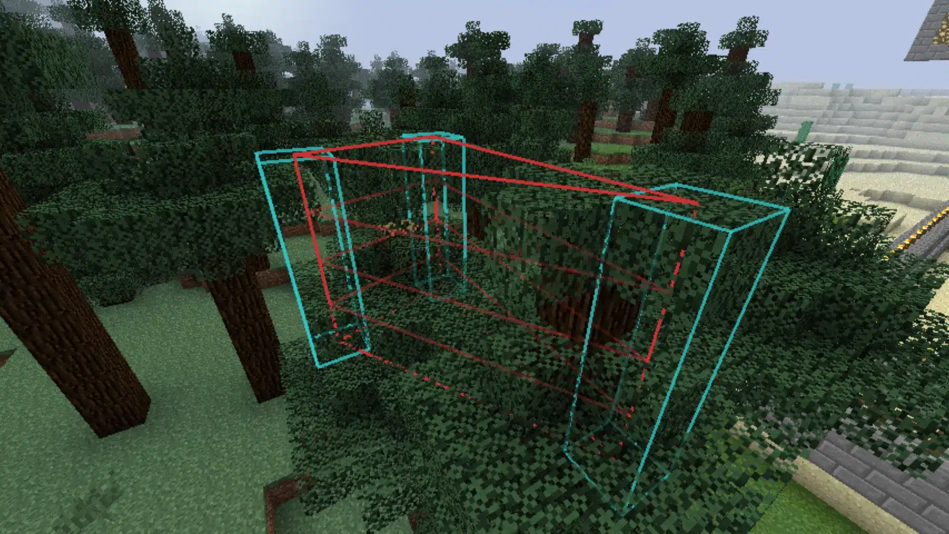 Minecraft forest area showing WorldEdit selection outlines for large-scale building changes.