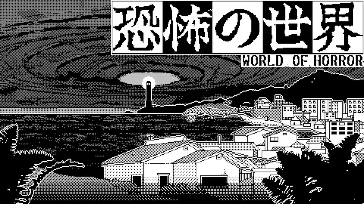 World of Horror game artwork showing a black and white pixel art coastal town under a dark sky.