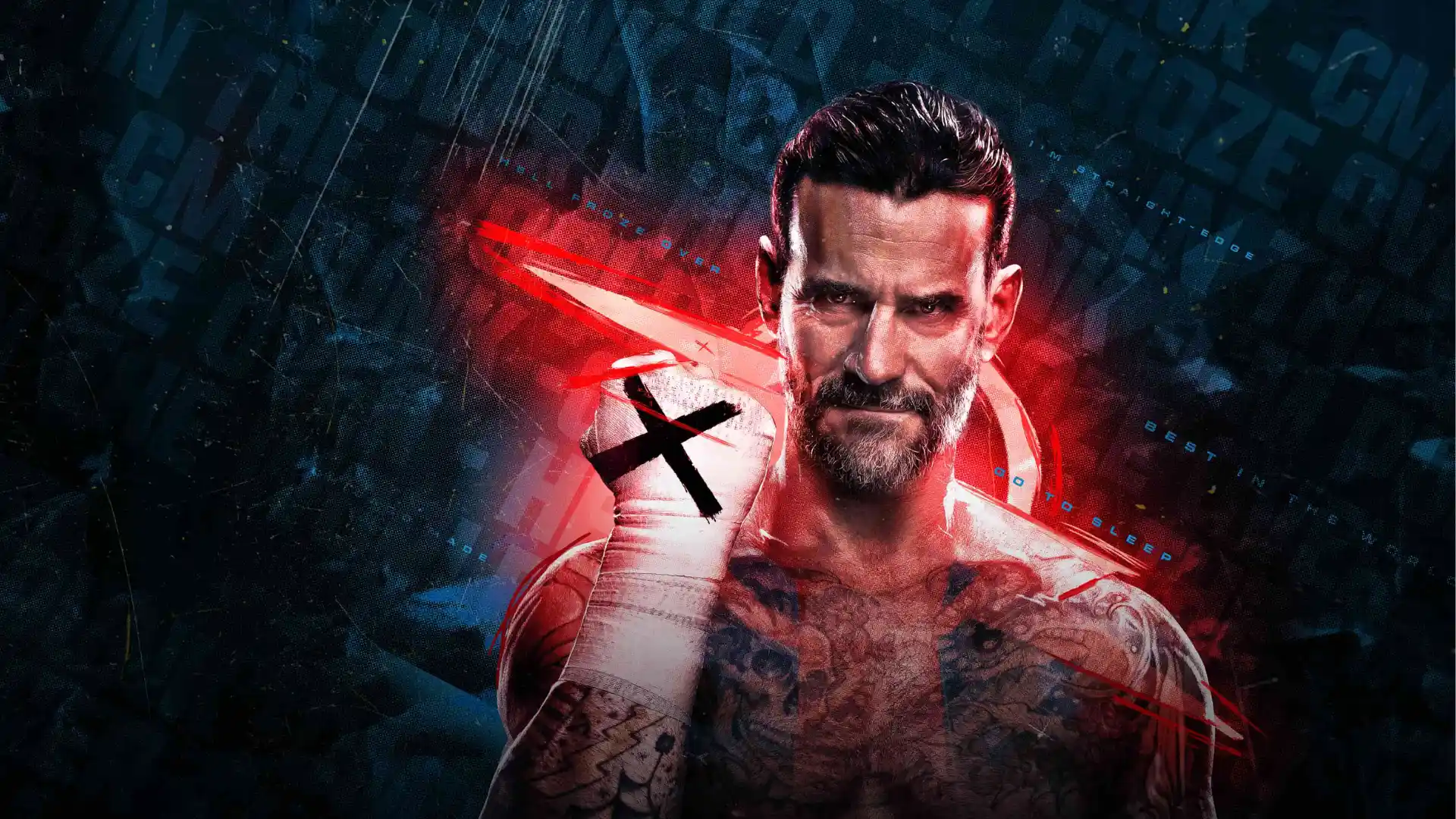 Tattooed wrestler raises a taped fist against a dark red and blue graphic backdrop
