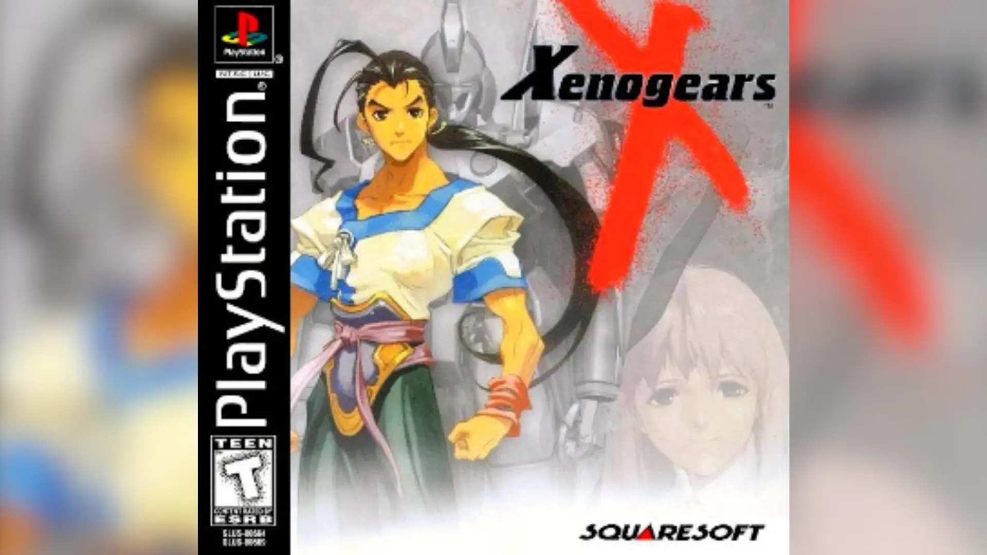 Xenogears PlayStation cover art showing Fei, character portraits, red X logo, and Squaresoft branding.