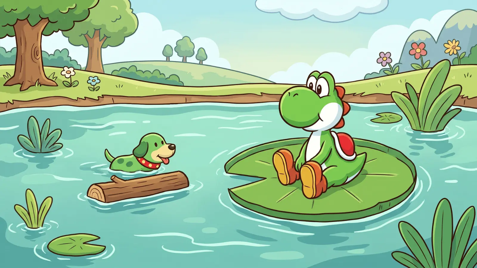 Yoshi on a lily pad with a green Poochy enemy in cartoon style