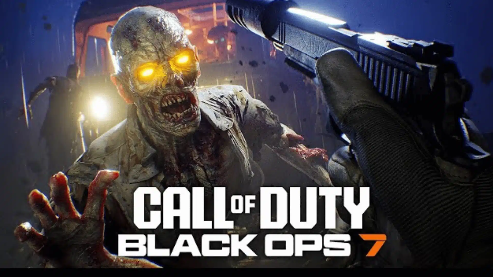 Promotional image for Call of Duty: Black Ops 7 Zombies mode showing a glowing-eyed zombie and a handgun.