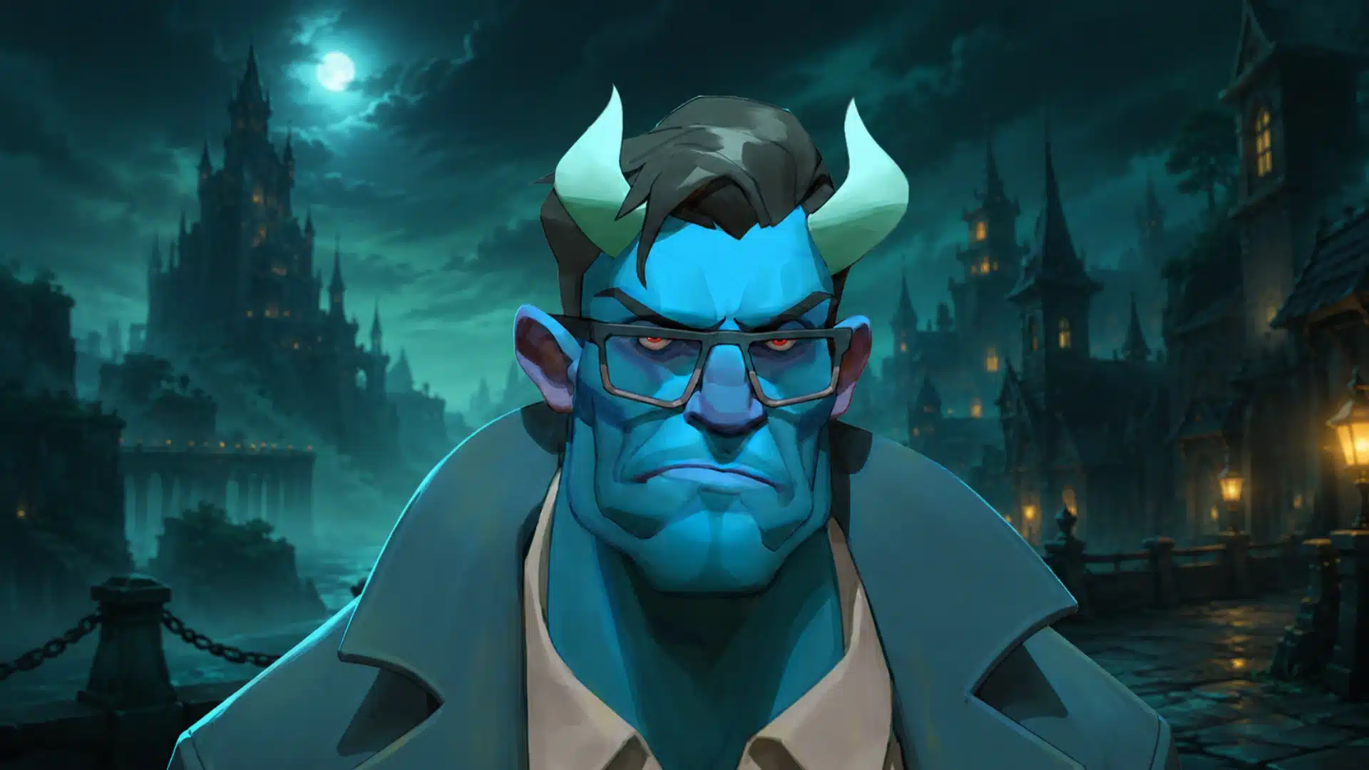 Blue horned character with glasses standing before a moonlit gothic city at night