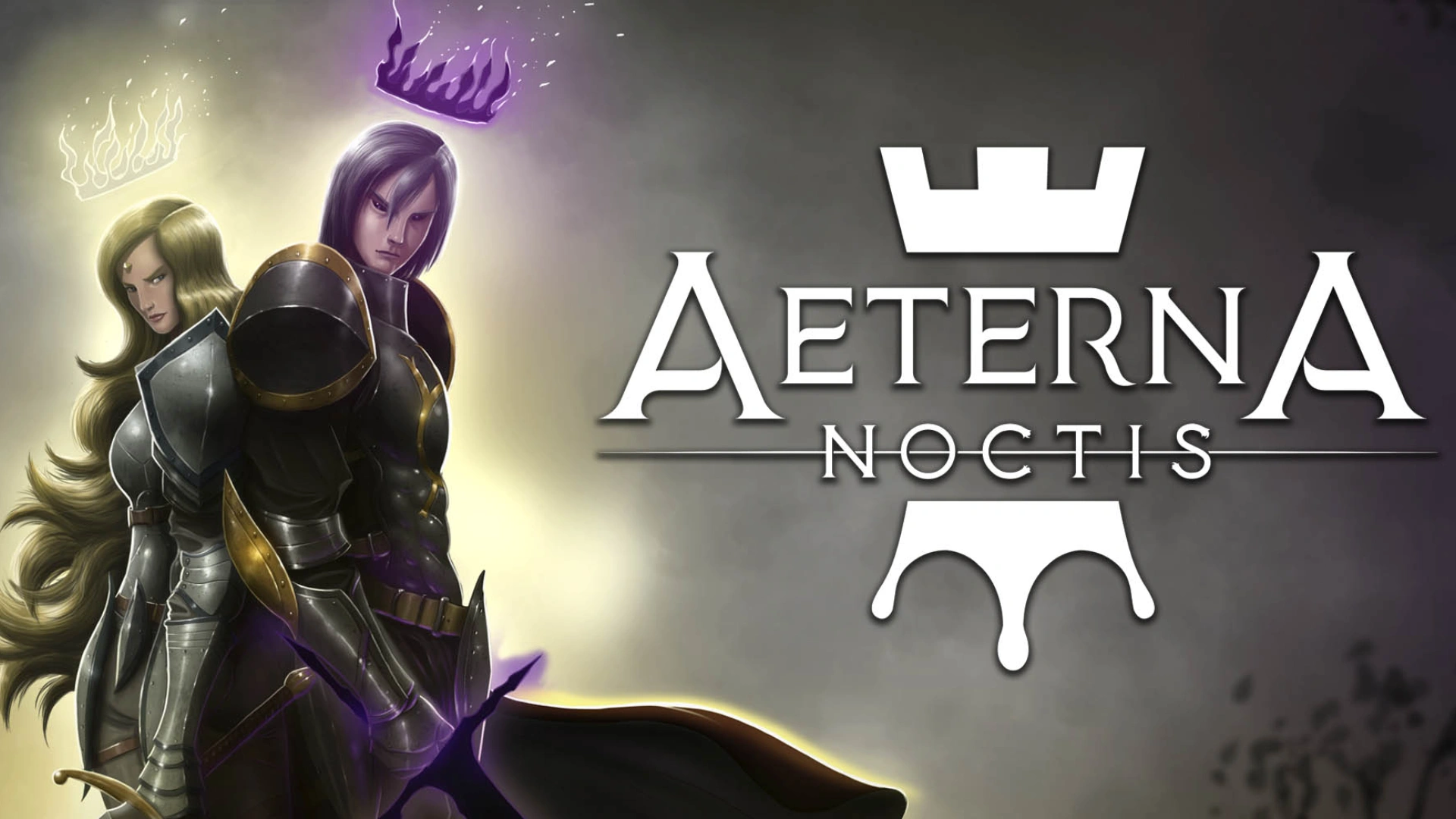 a dark armored warrior stands beside the aeterna noctis logo against a misty fantasy landscape