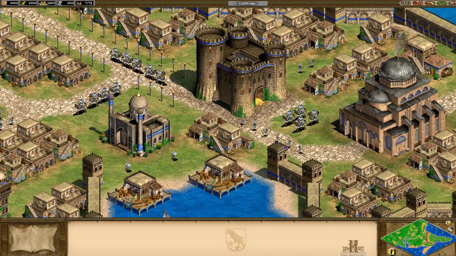 Age of empires ii castle age city with cavalry stone fortress mosque and harbor