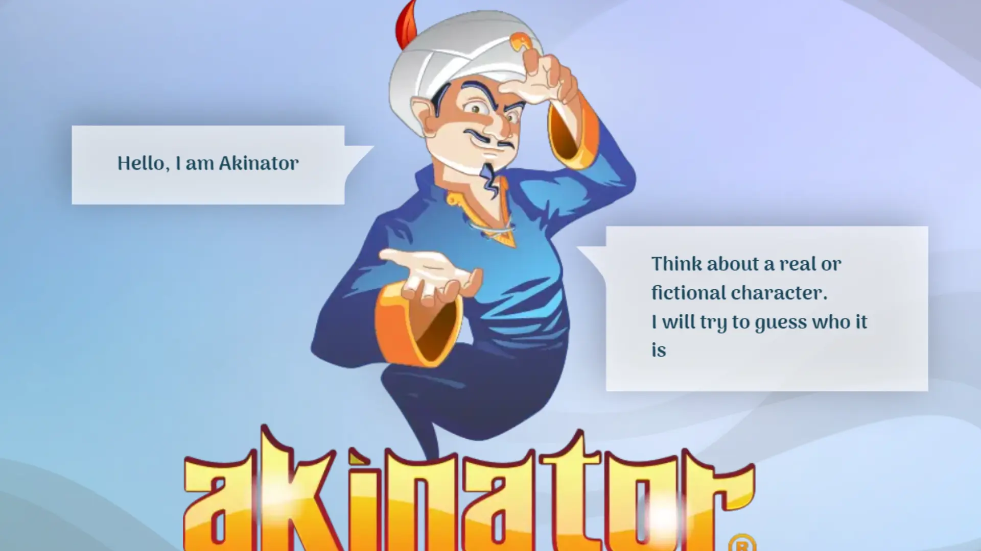akinator showing character guessing game interface with animated genie and question screen for guessing