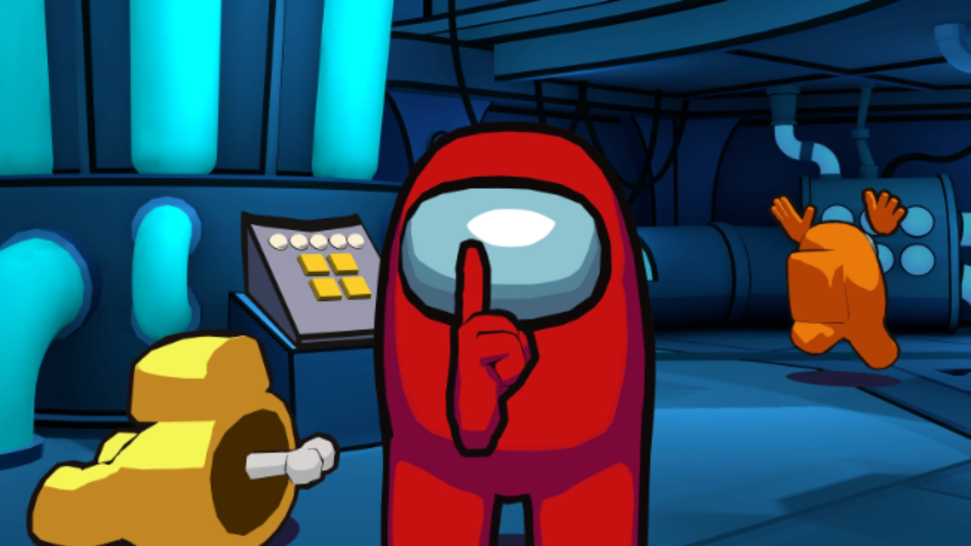 Among Us game scene with red crewmate signaling silence beside fallen yellow crewmate