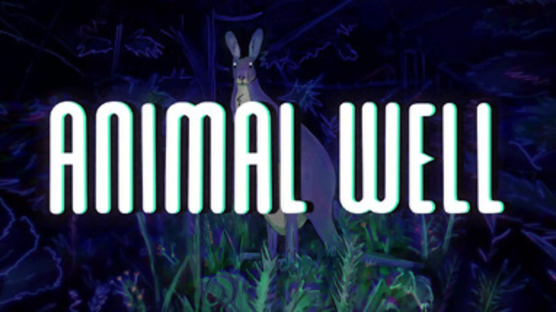 animal well game title glowing above a dark forest filled with plants and animal silhouettes