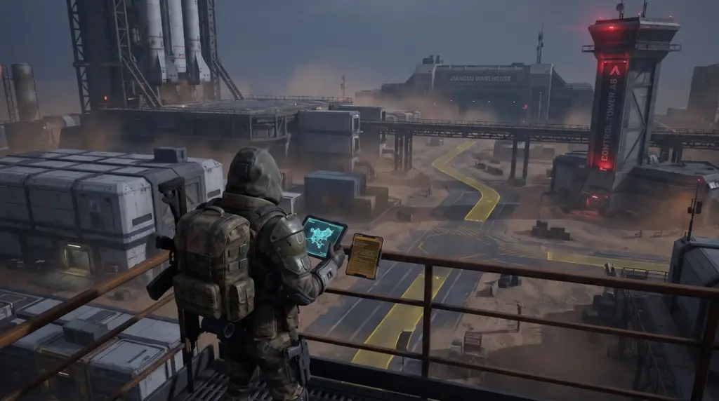 ARC Raiders character overlooking Jiangsu Warehouse and Control Tower A6 on the Spaceport map.