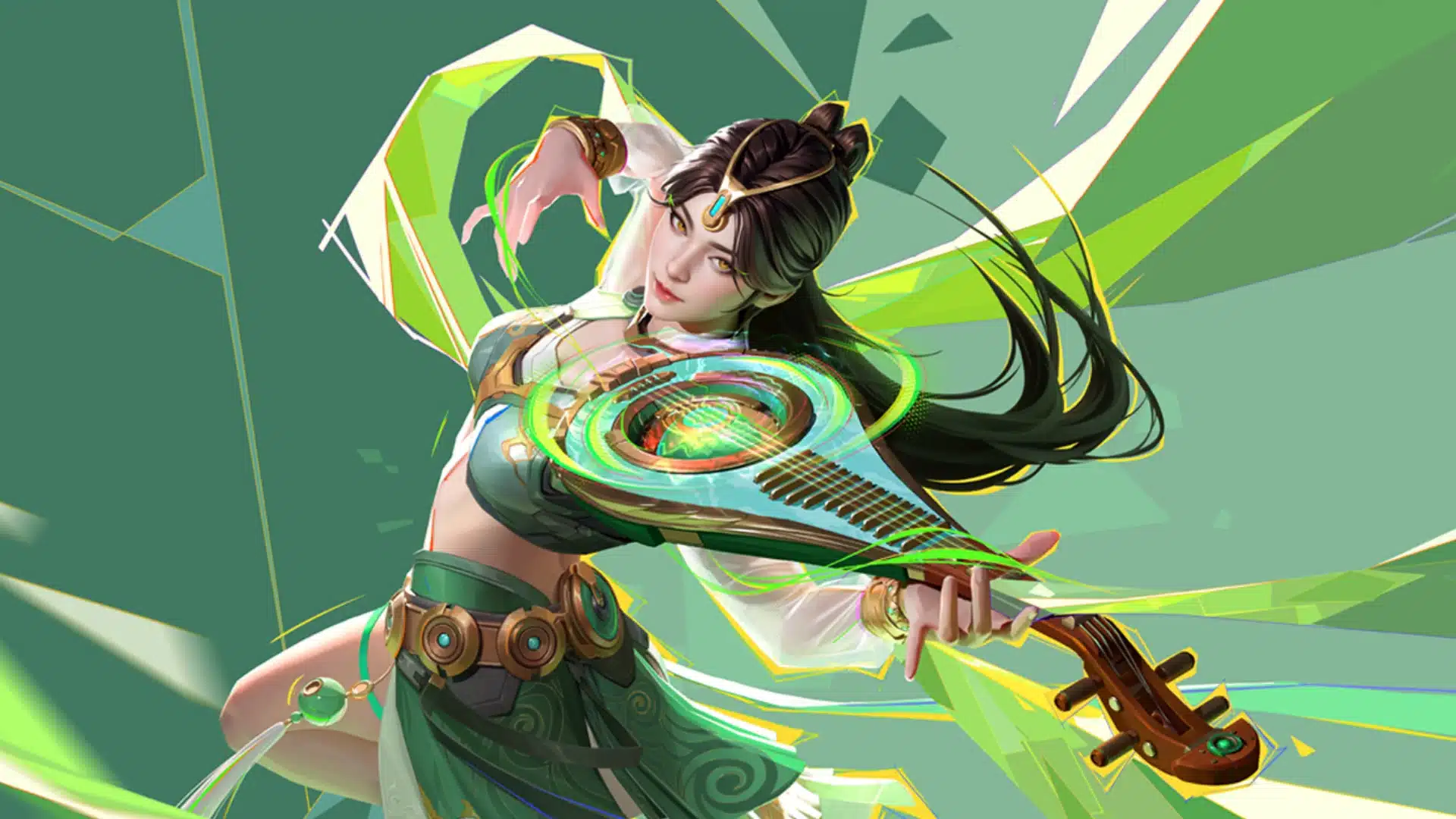 Aura lancer playing a glowing string instrument amid swirling green energy