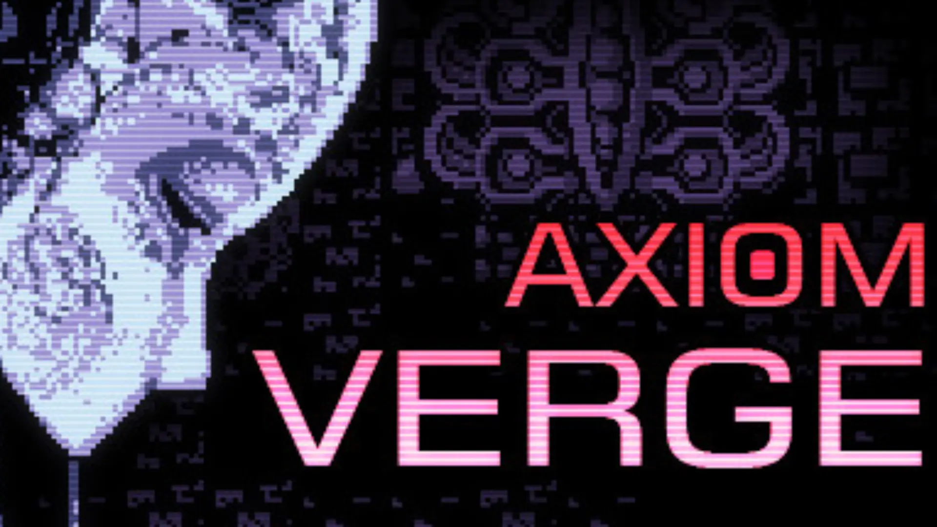 trace appears beside the bright axiom verge title over a dark purple technological background