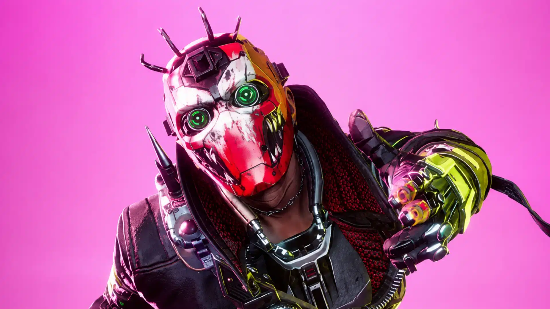 Cyberpunk masked fighter reaching forward against a vivid pink sci-fi background