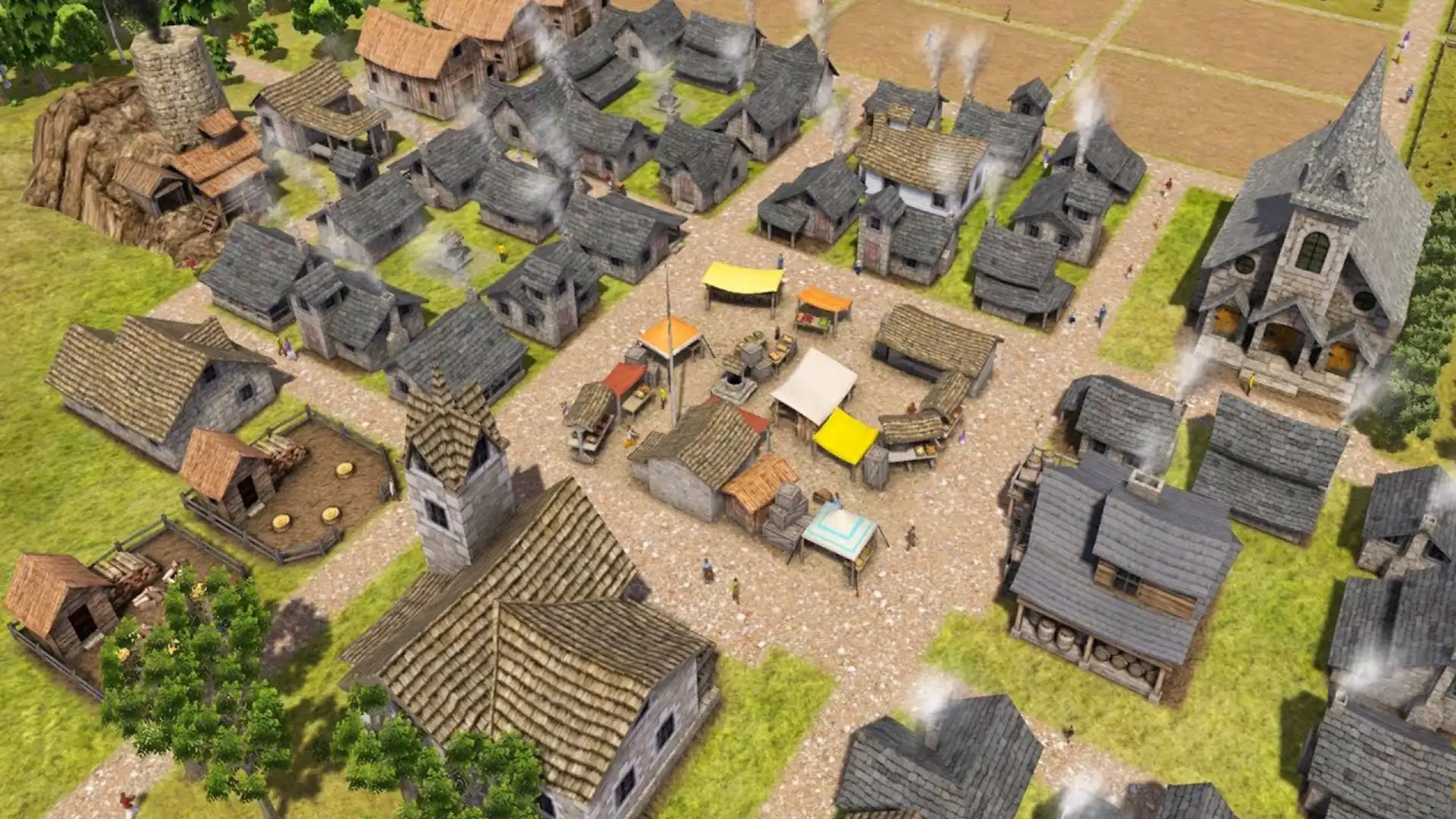 Banished medieval settlement with houses farms market stalls and a large stone church