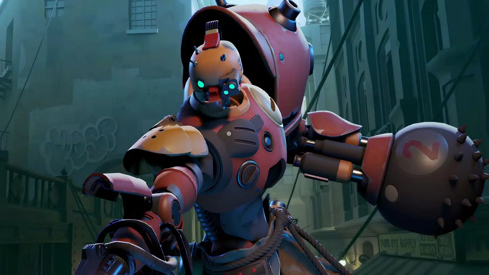 Armored robotic fighter with glowing eyes and a spiked weapon in a dark city alley