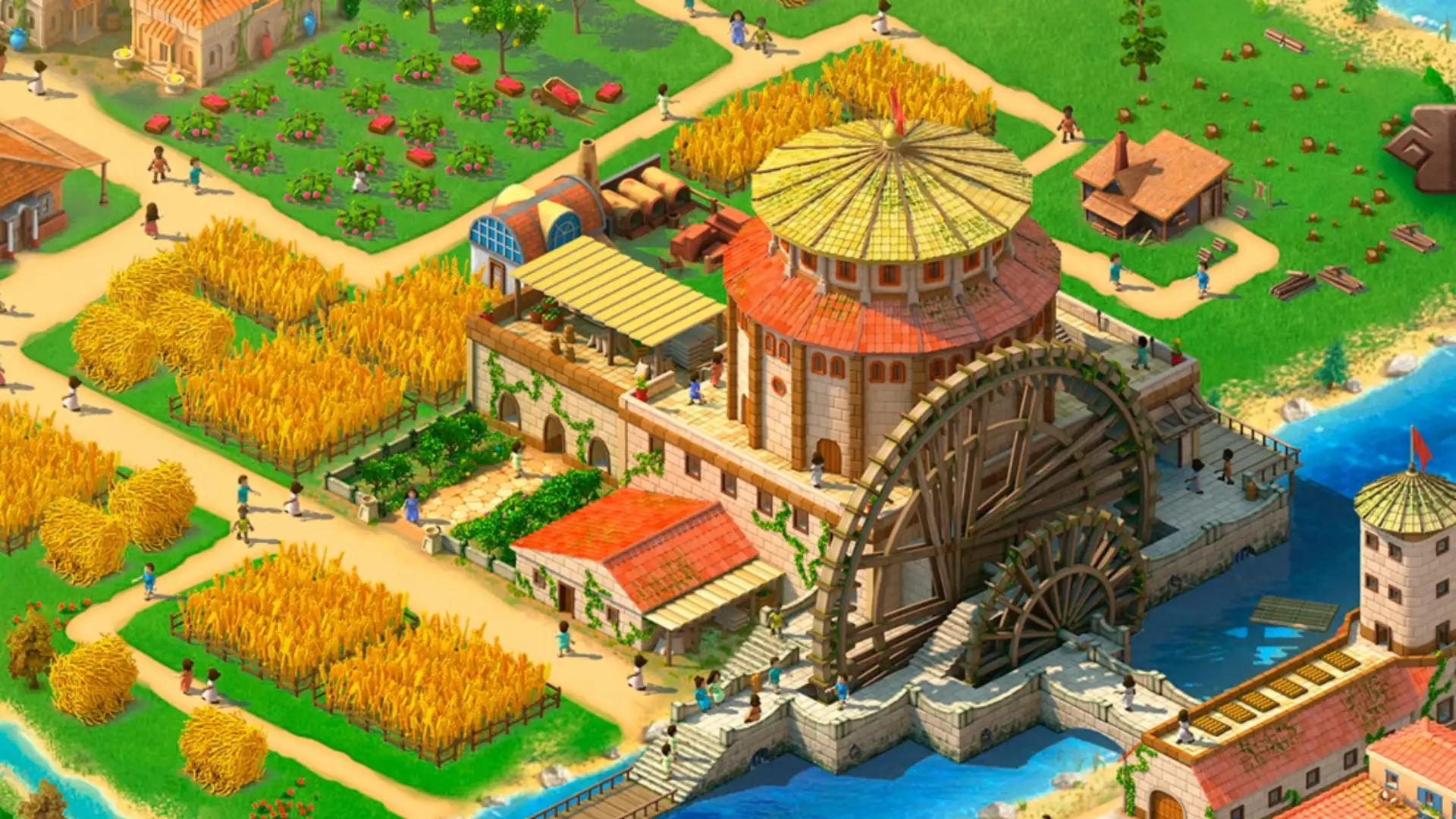 Best building games scene with farms waterwheels roads and a detailed riverside town