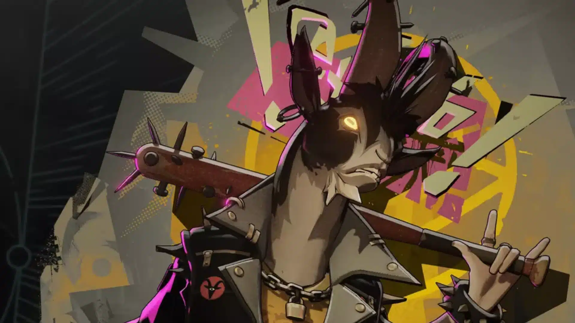 Punk-styled horned character holding a spiked bat against a colorful graffiti backdrop