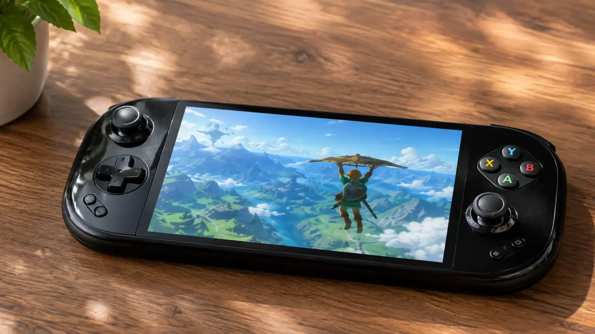 Black handheld console displays an open-world game on a wooden desk near a plant