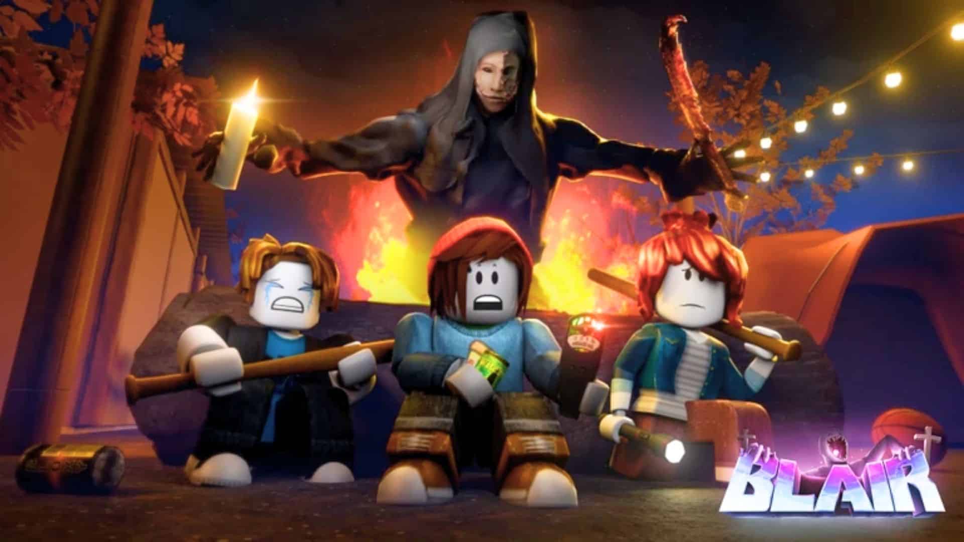 Three Roblox characters facing a masked enemy near a fire in the horror game Blair