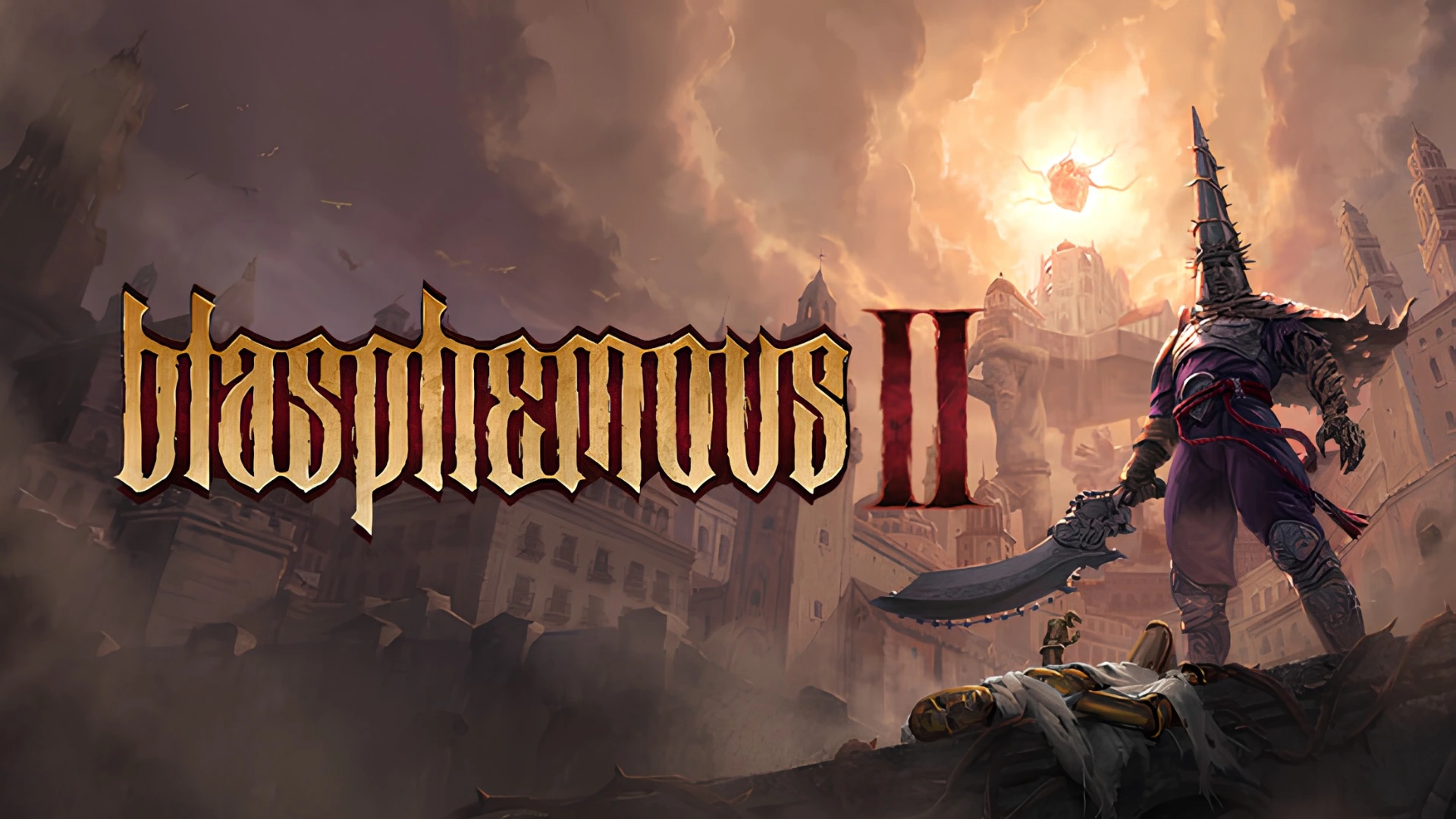 the penitent one faces a burning tower beneath the blasphemous two title in a bleak wasteland