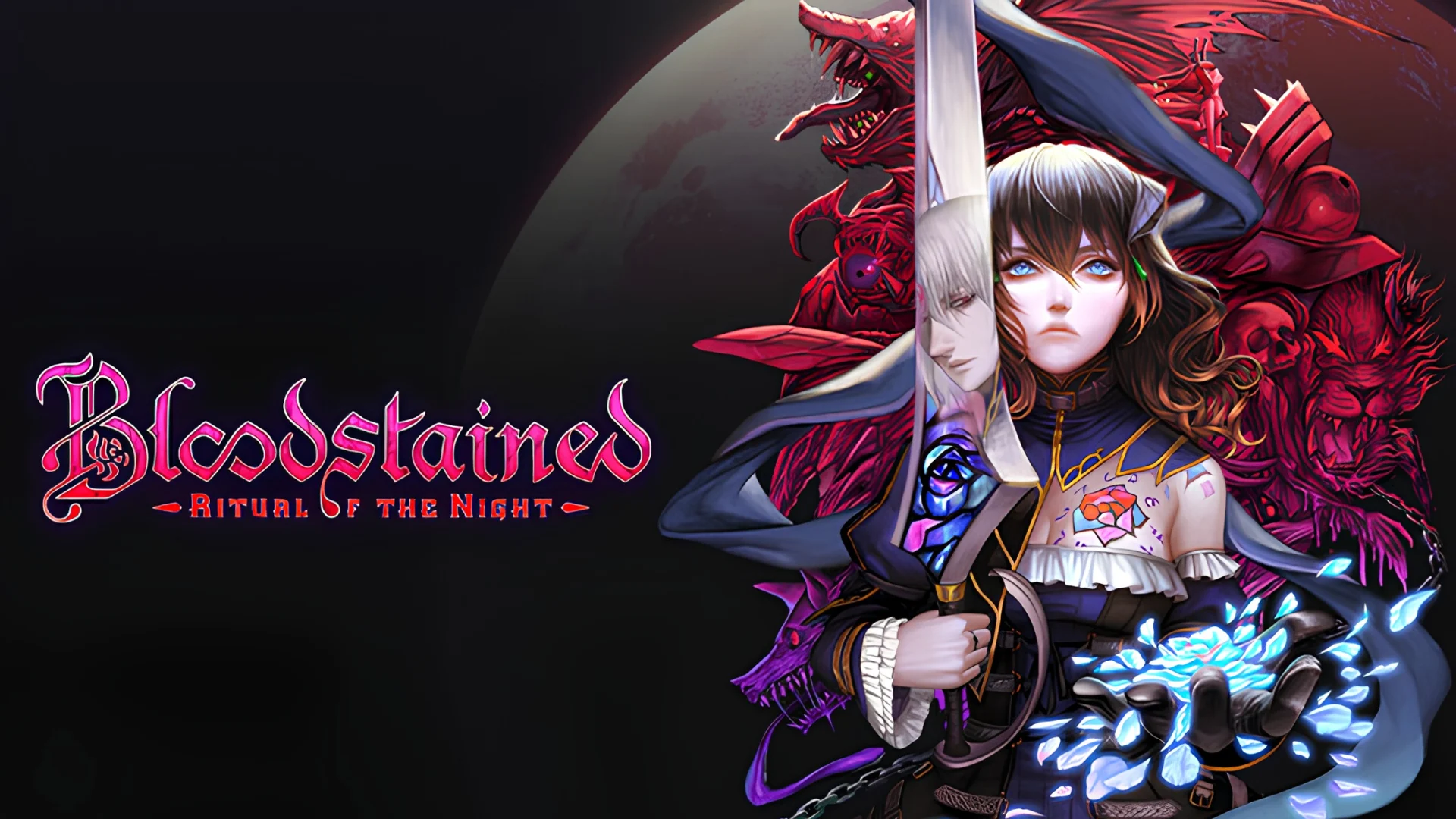 miriam holds a sword before demons beside the bloodstained ritual of the night game title artwork