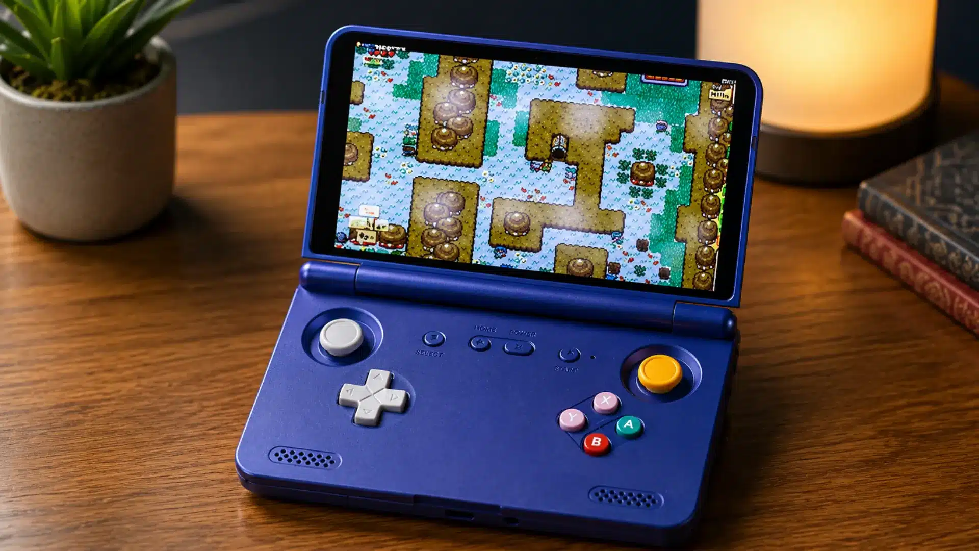 Blue clamshell handheld displays a retro adventure game beside a lamp and plant