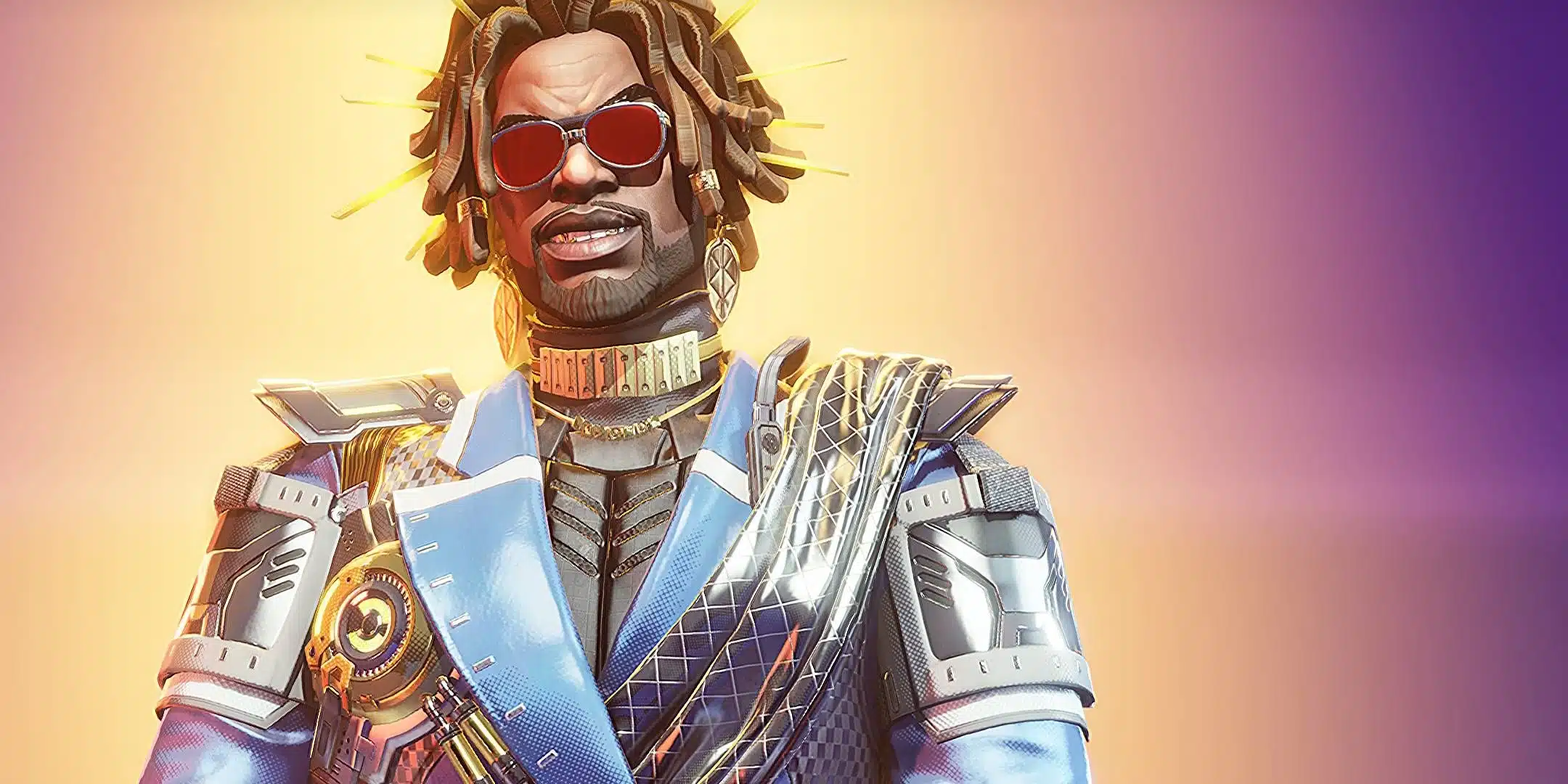 Broker character from FragPunk wearing red sunglasses, blue armor, and metallic shoulder gear
