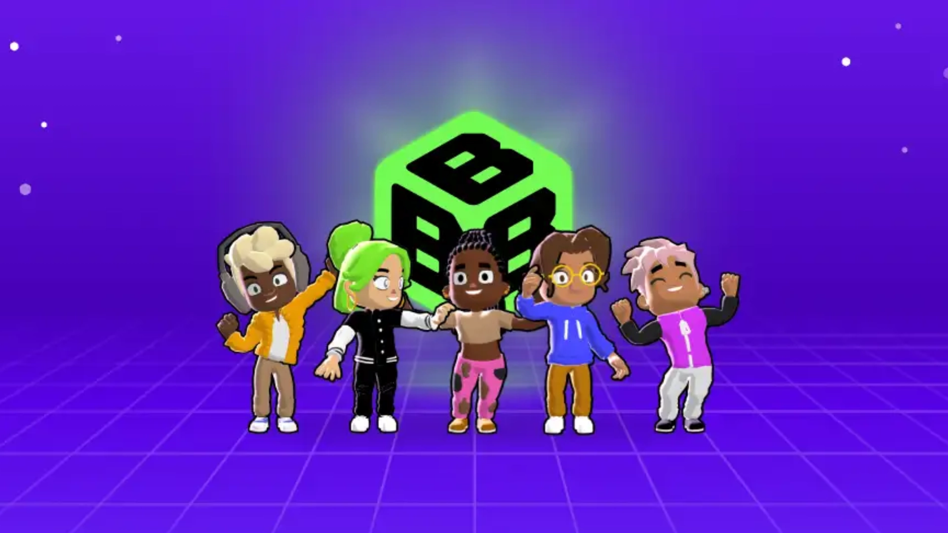 Bunch game characters standing together on a purple background with a glowing cube
