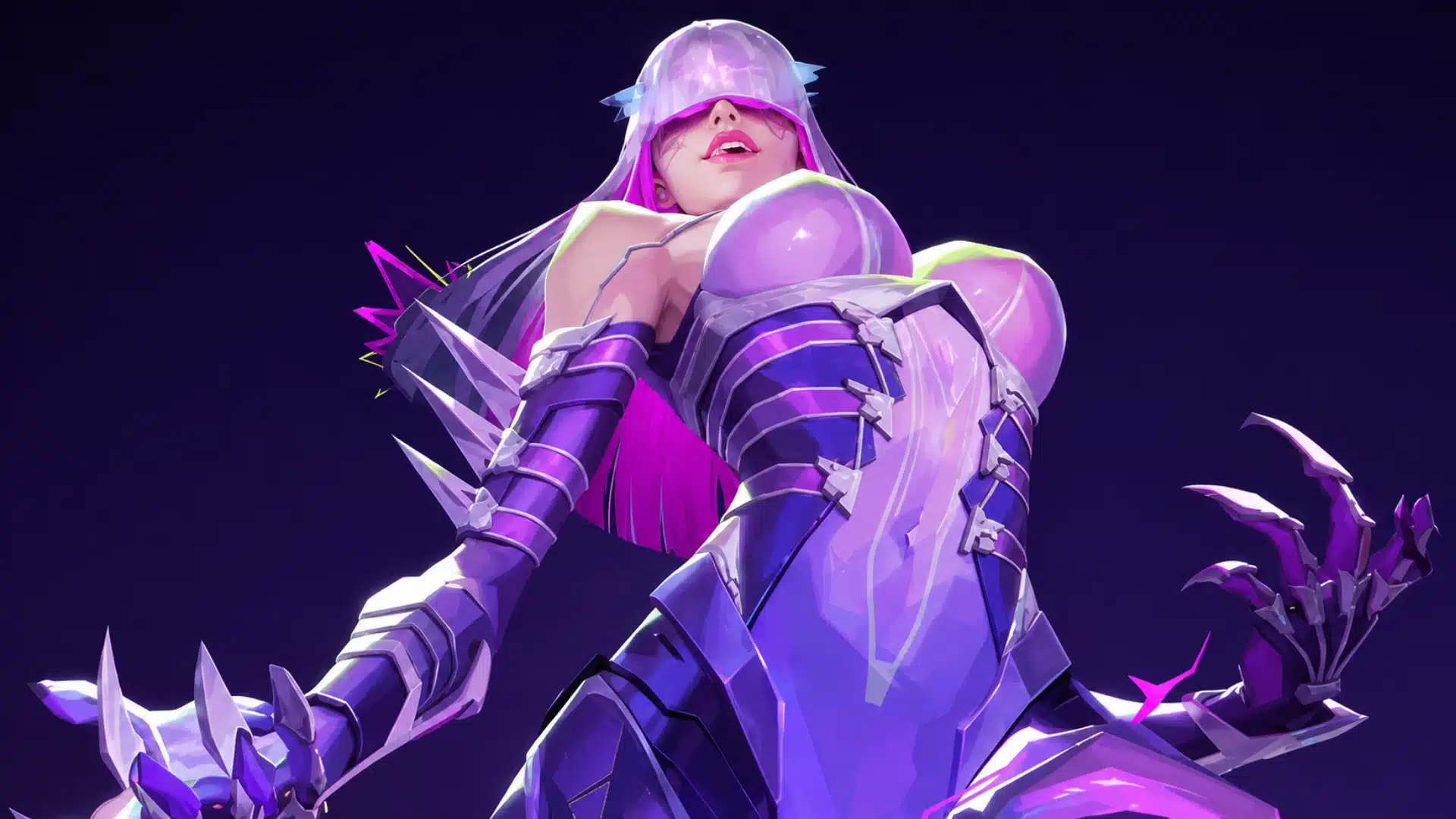 Calamity lancer wearing a glowing visor against a dark violet backdrop