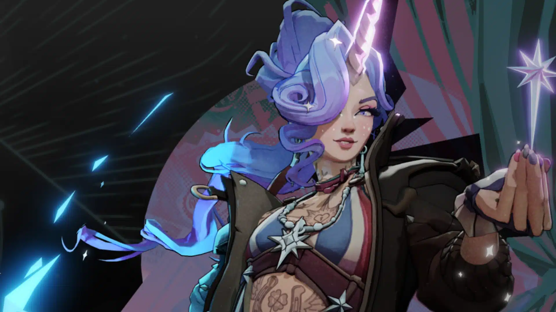 Purple-haired fantasy fighter with a glowing horn and star magic against a dark backdrop