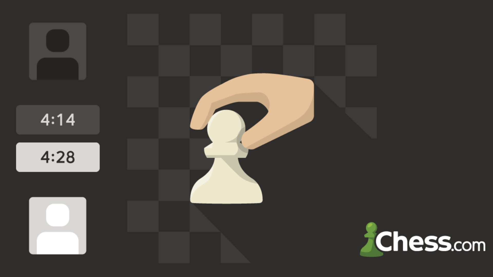 Chess com game graphic showing a hand moving a pawn on a dark digital chess board