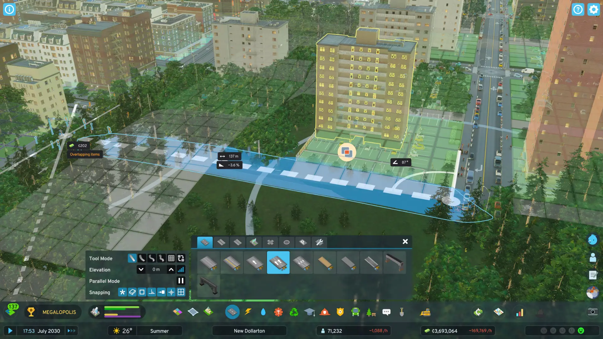Cities skylines road building tool over a dense city with roads buildings and trees