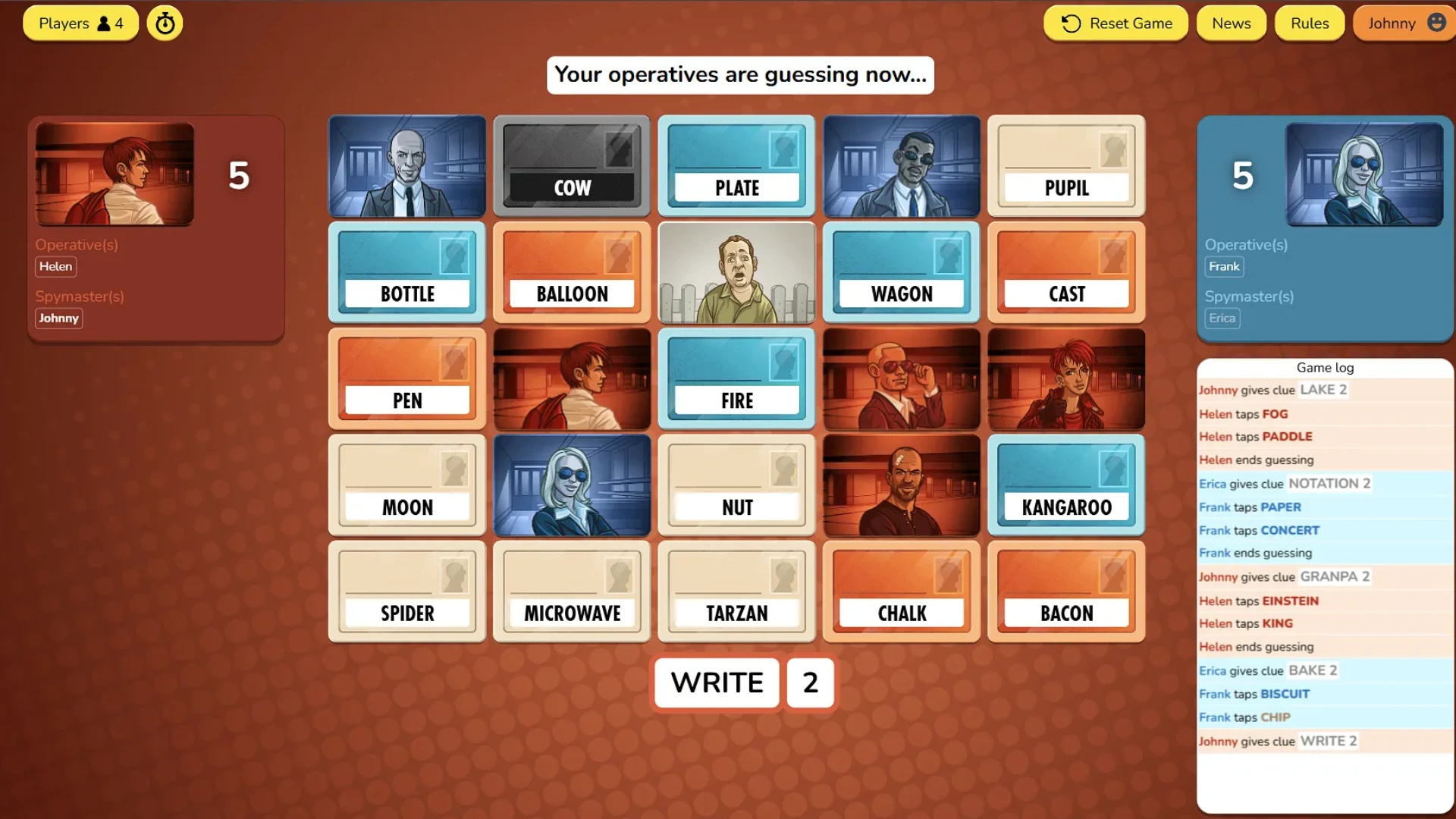 Codenames online board with red and blue teams guessing words from clue cards