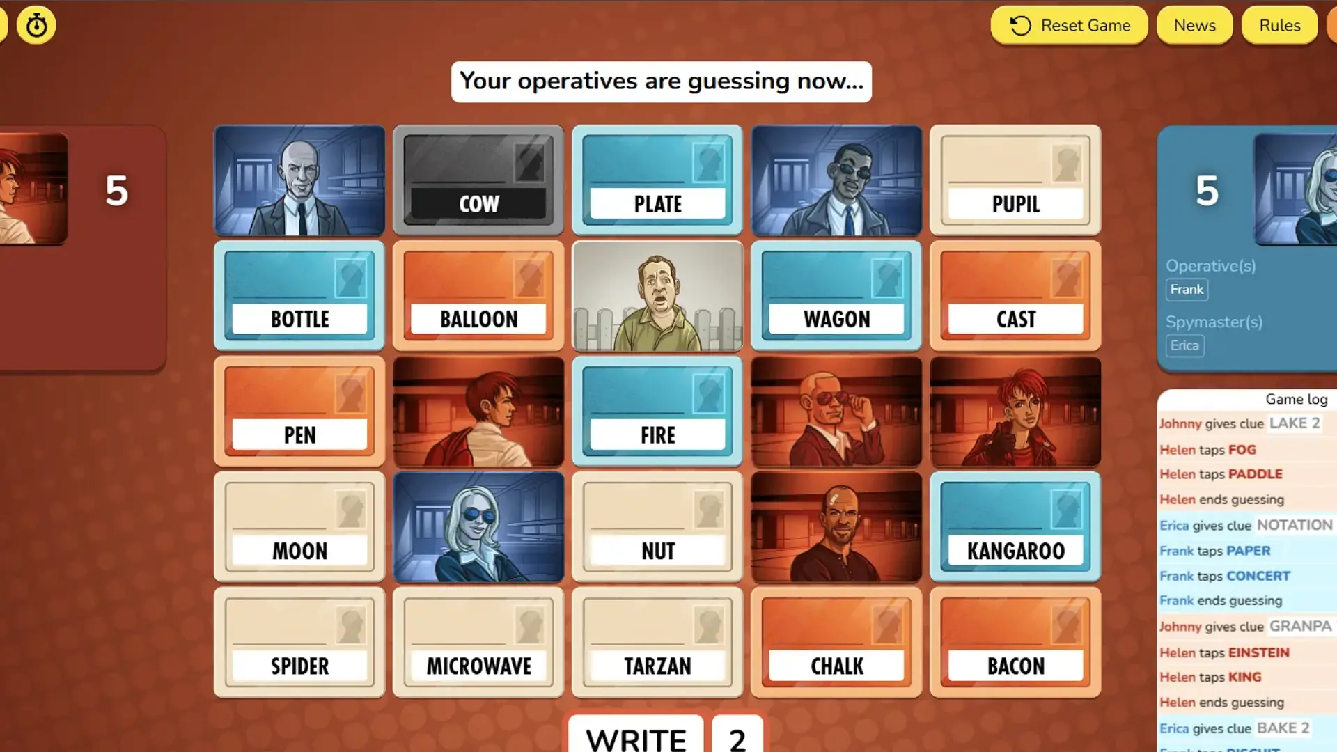 codenames online showing word cards and team guessing gameplay with colorful interface for friends play